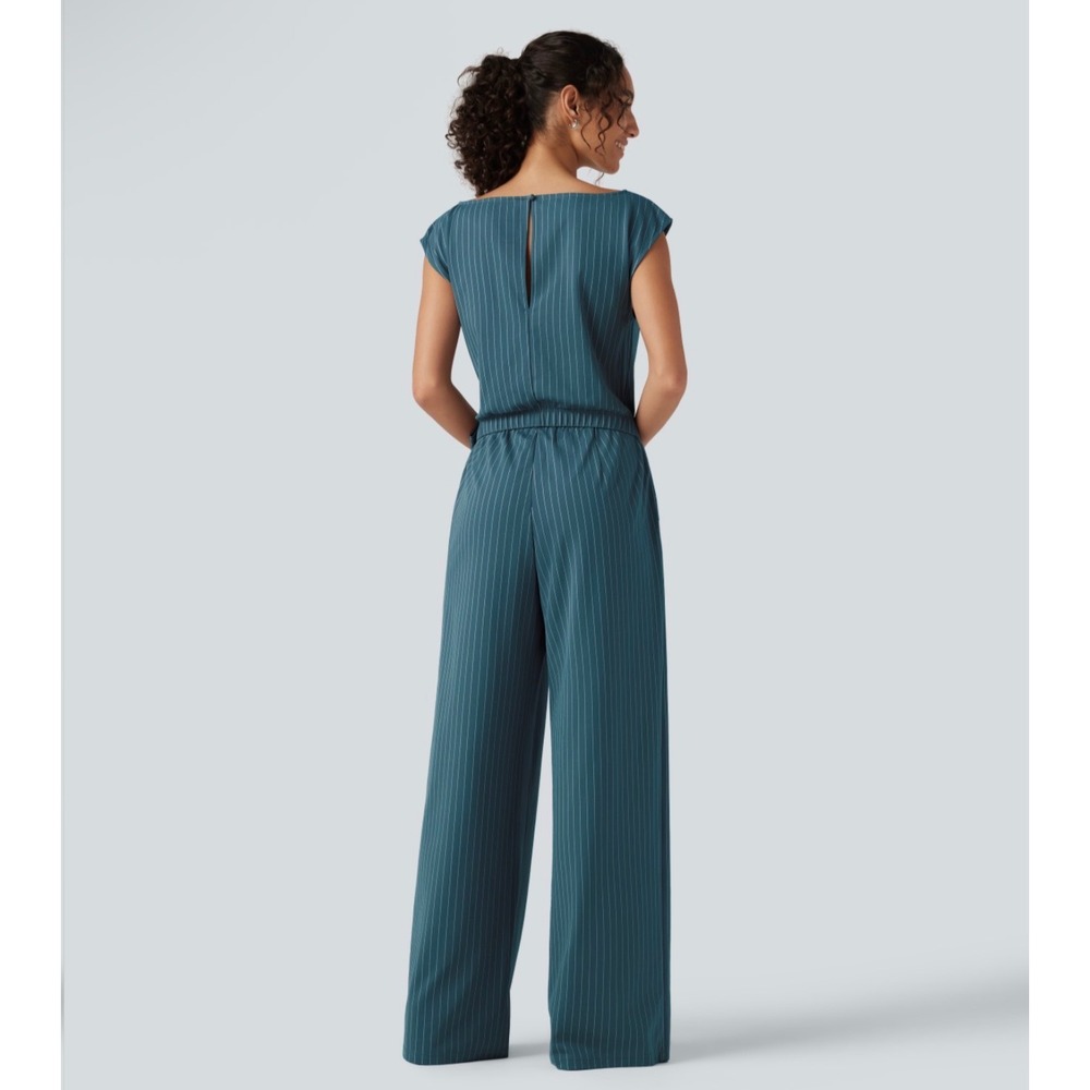 Halara Teal Pinstripe Boat Neck Sleeveless Tie Side Wide Leg Work Jumpsuit M - Picture 2 of 12